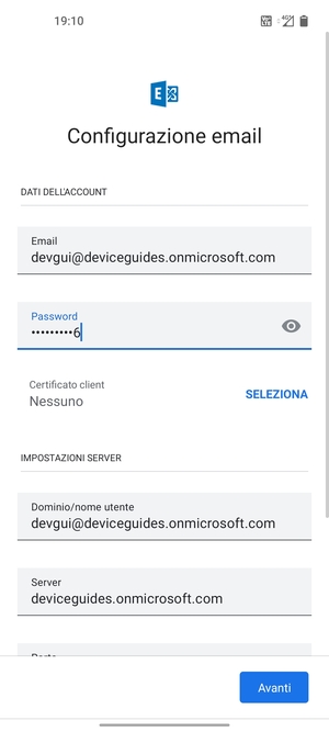 Inserisci Nome utente e l'indirizzo del server Exchange. Seleziona Avanti