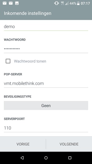 Voer binnenkomend serveradres in en selecteer VOLGENDE