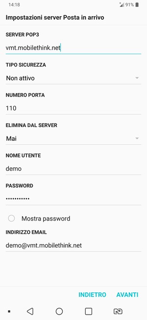 Inserisci l'indirizzo del server arrivo e Nome utente. Seleziona AVANTI