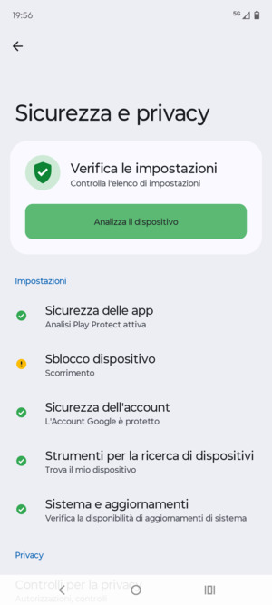 Per attivare il blocco dello schermo, vai al menu Sicurezza e privacy e seleziona Sblocco  dispositivo