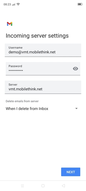 Enter Username and Incoming server address. Select NEXT