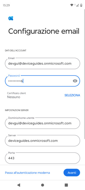 Inserisci Nome utente e l'indirizzo del server Exchange. Seleziona Avanti