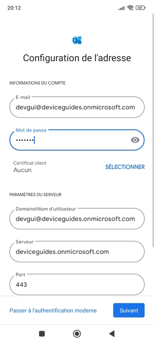 Saisissez votre Nom d'utilisateur et l'adresse du serveur Exchange. Sélectionnez Suivant