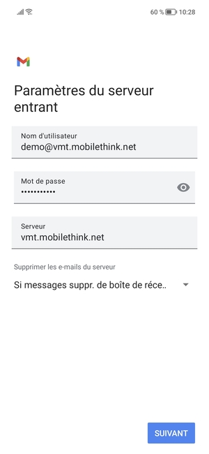 Saisissez votre Nom d'utilisateur et l'adresse du serveur entrant. Sélectionnez SUIVANT