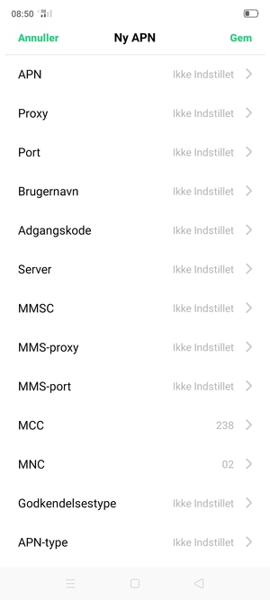 Scroll ned og indtast internet-oplysninger