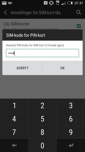 Skriv inn Gammel PIN-kode for SIM-kort og velg OK