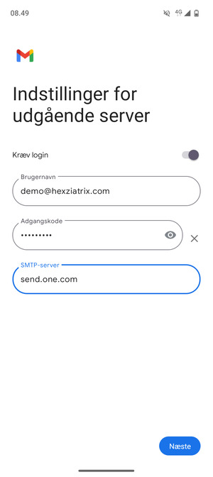 Indtast udgående serveradresse og vælg Næste