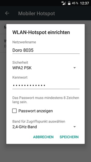 Geben Sie eine WLAN-Hotspot-Passwort mit mindestens 8 Zeichen ein und wählen Sie SPEICHERN