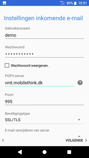 Voer Gebruikersnaam en binnenkomend serveradres in