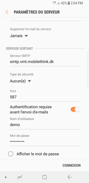 Faites défiler vers le bas et saisissez l'adresse du serveur sortant