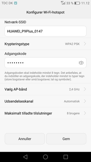 Indtast en Wi-Fi-hotspot adgangskode på minimum 8 tegn og vælg Gem