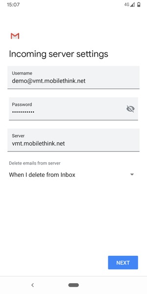 Enter Username and Incoming server address. Select NEXT