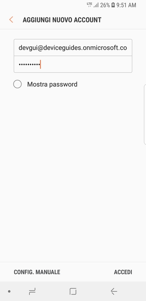 Inserisci il tuo indirizzo email e password. Seleziona CONFIG. MANUALE