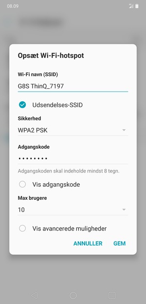 Indtast en Wi-Fi-hotspot adgangskode på minimum 8 tegn og vælg GEM