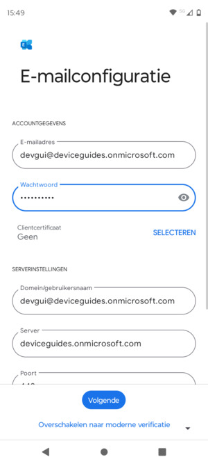 Voer Gebruikersnaam en Exchange serveradres in. Selecteer Volgende