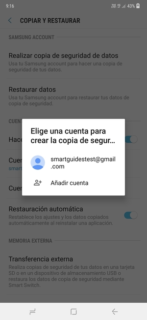 Seleccione su cuenta de copia de seguridad