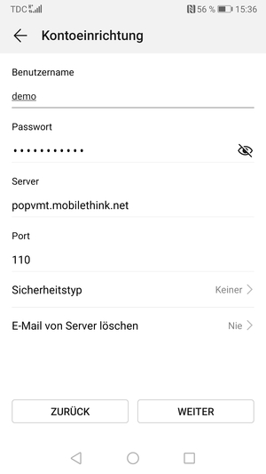 Geben Sie Benutzername und die Server-Adresse für eingehende Post ein. Wählen Sie WEITER