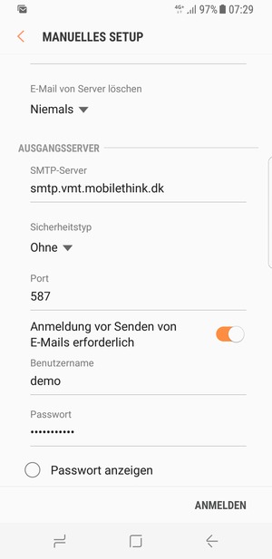 Scrollen Sie nach unten und geben Sie die Server-Adresse für ausgehende Post ein