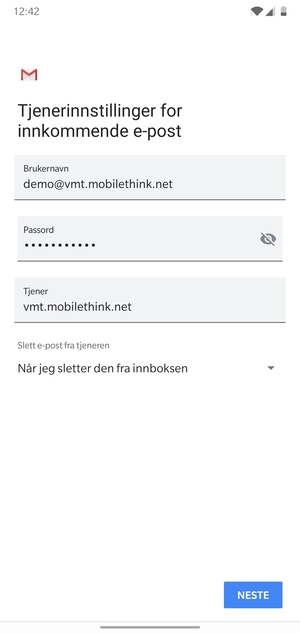 Skriv inn Brukernavn og innkommende serveradresse. Velg NESTE