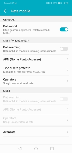 Scorri fino a SIM 1 o SIM 2 e seleziona APN (Nome Punto Accesso)