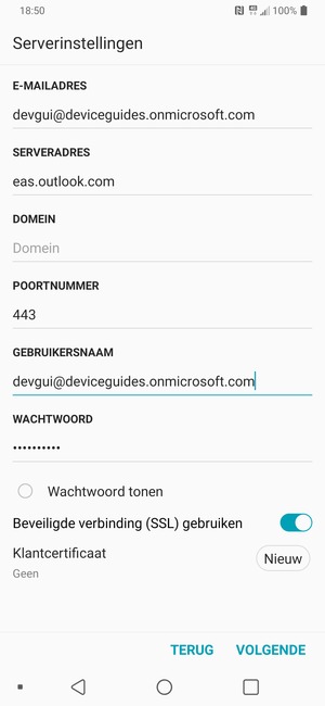 Voer Exchange serveradres en Gebruikersnaam in. Selecteer VOLGENDE