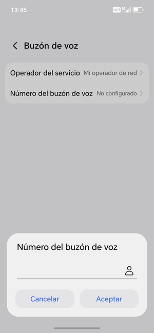 Introduzca el Número del buzón de voz y seleccione Aceptar