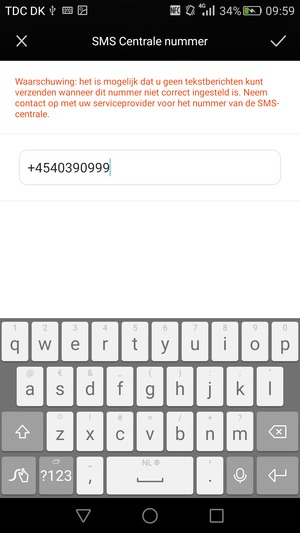 Voer het SMS Centrale nummer in en selecteer OK