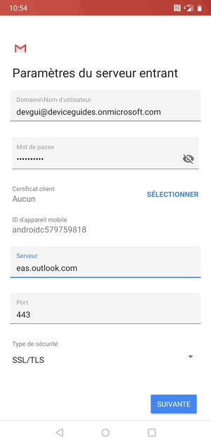 Saisissez votre Nom d'utilisateur et l'adresse du serveur Exchange. Sélectionnez SUIVANTE