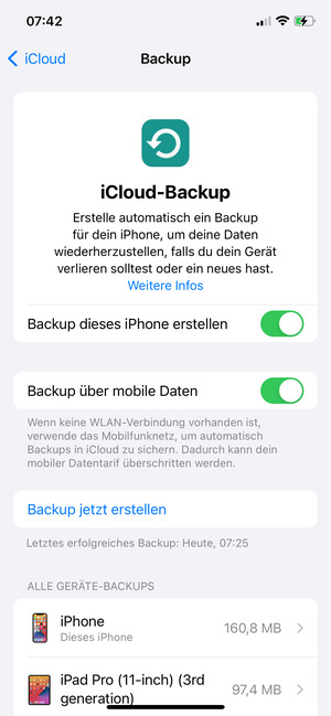 Schalten Sie Backup dieses iPhone erstellen ein