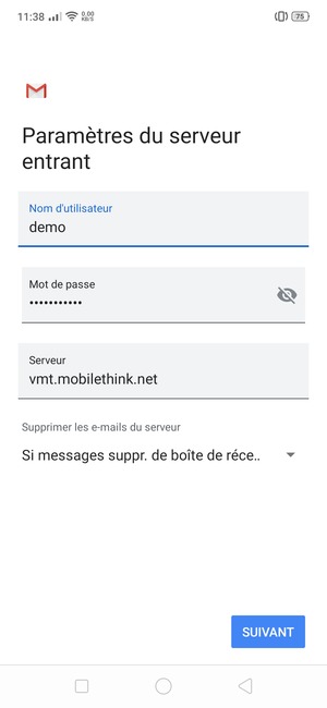 Saisissez votre Nom d'utilisateur et l'adresse du serveur entrant. Sélectionnez SUIVANT