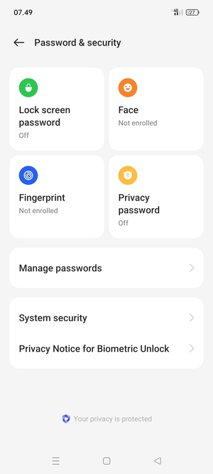 To activate your screen lock, go to the Password & security menu and select Lock screen password