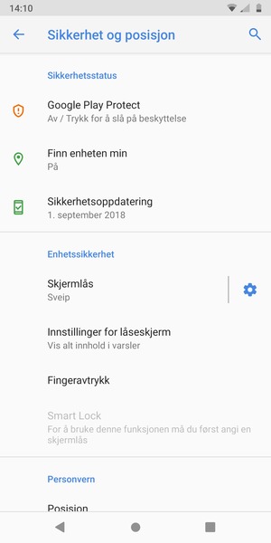 For å aktivere skjermlåsen, gå til Sikkerhet og posisjon-menyen og velg Skjermlås