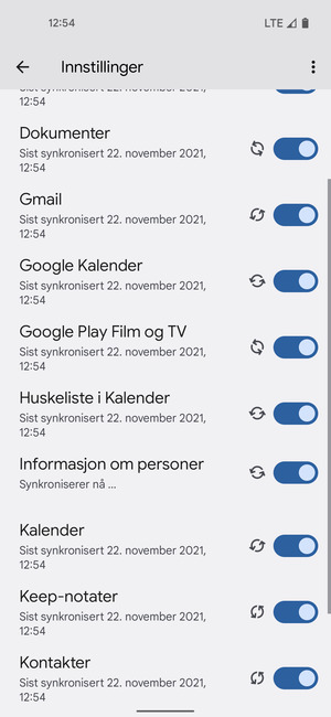 Dine kontakter fra Google vil synkroniseres til telefonen din