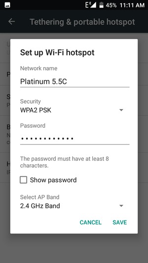 Enter a Wi-Fi hotspot password of at least 8 characters and select SAVE