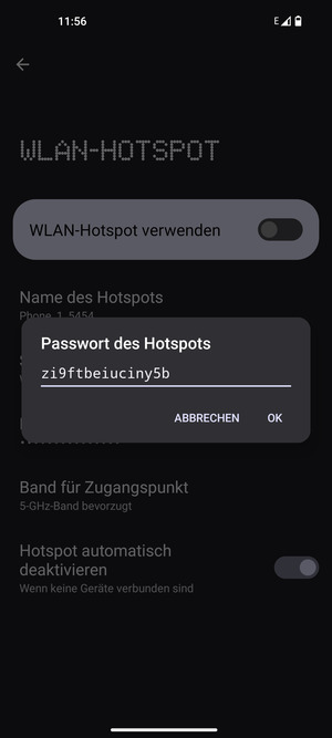 Geben Sie eine WLAN-Hotspot-Passwort mit mindestens 8 Zeichen ein und wählen Sie OK