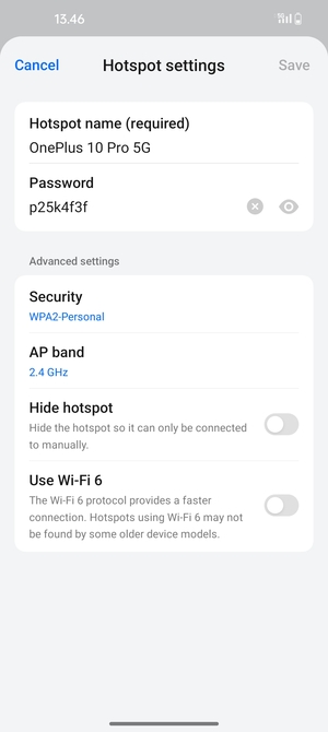 Enter a Wi-Fi hotspot password of at least 8 characters and select Save