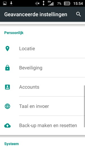 Keer terug naar het Geavanceerde instellingen menu en selecteer Accounts