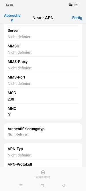 Scrollen Sie nach unten und geben Sie Internetinformationen ein