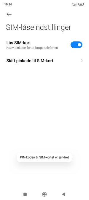 Din PIN-kode til SIM-kort er nu ændret