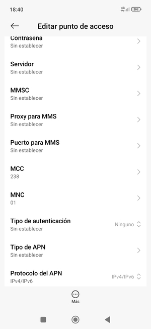 Desplácese hacia abajo e introduzca la información de Internet