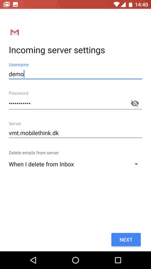 Enter Username and Incoming server address. Select NEXT
