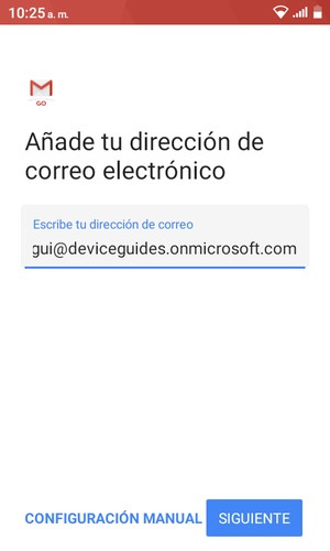 Introduzca su Dirección de correo electrónico y seleccione CONFIGURACIÓN MANUAL
