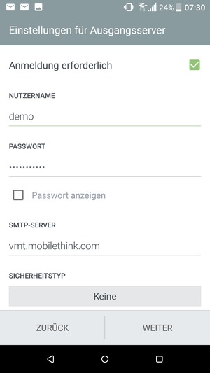 Geben Sie die Server-Adresse für ausgehende Post ein