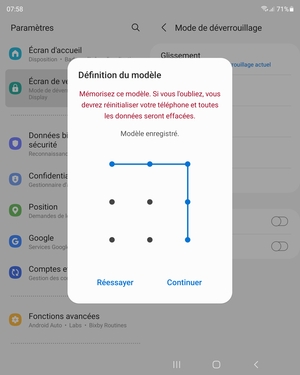 Dessinez de nouveau le schéma de déverrouillage et sélectionnez Continuer
