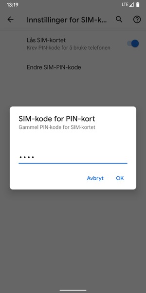 Skriv inn Gammel PIN-kode for SIM-kort og velg OK