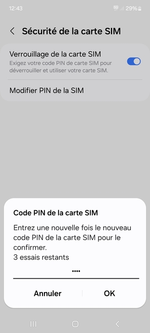 Veuillez confirmer votre nouveau code PIN de la carte SIM et sélectionner OK
