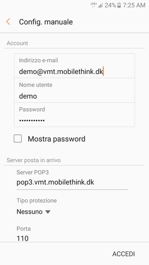 Inserisci Nome utente e l'indirizzo del server di posta in arrivo