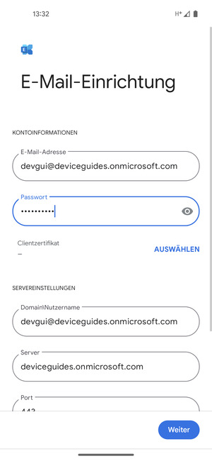 Geben Sie Benutzername und Exchange Server-Adresse ein. Wählen Sie Weiter