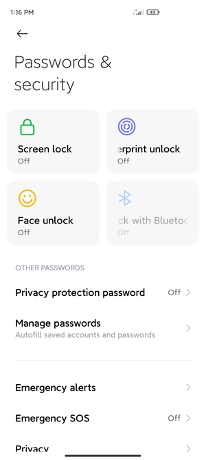 To activate your screen lock, return to the Passwords & security menu and select Screen lock