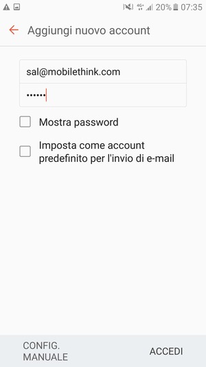 Inserisci il tuo indirizzo email e password. Seleziona CONFIG. MANUALE